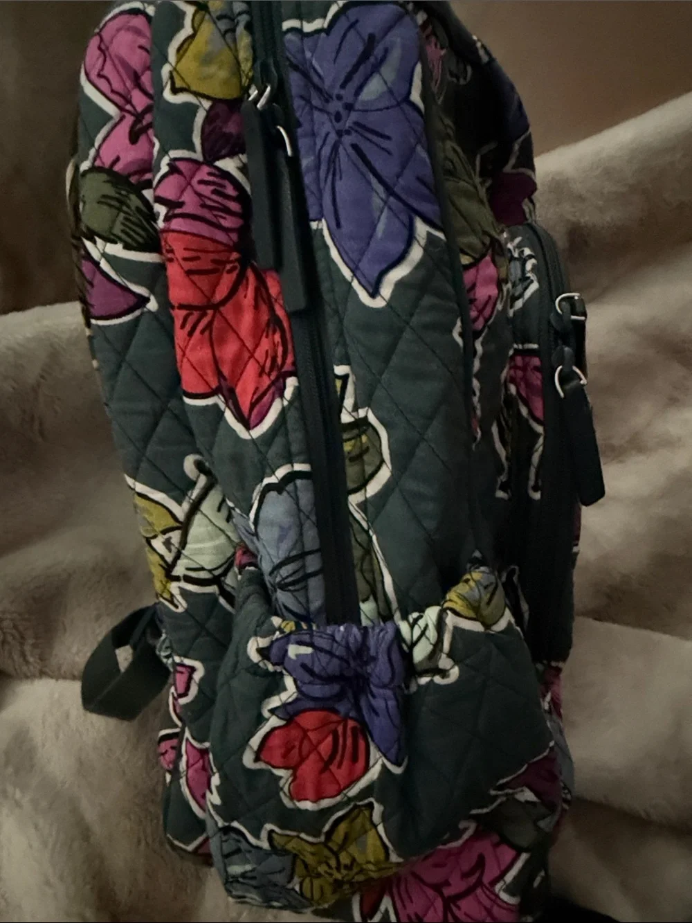 Vera Bradley Quilted Floral Backpack in Gray with Pink, Red, Purple Accents